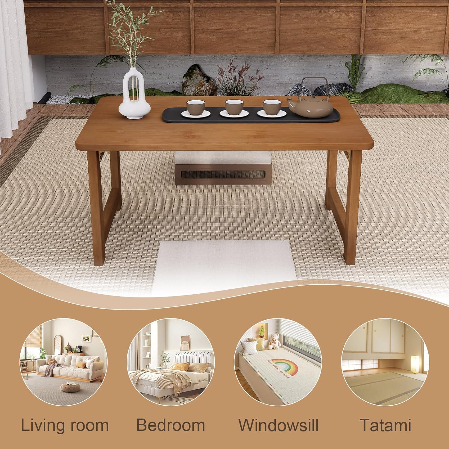 Floor Coffee Table for Living Room, Japanese Folding Low Dining Table, No Assembly Foldable Tatami Tea Table - Natural Solid Wood Bamboo, Rectangle Ground Desk for Small Spaces (Walnut)
