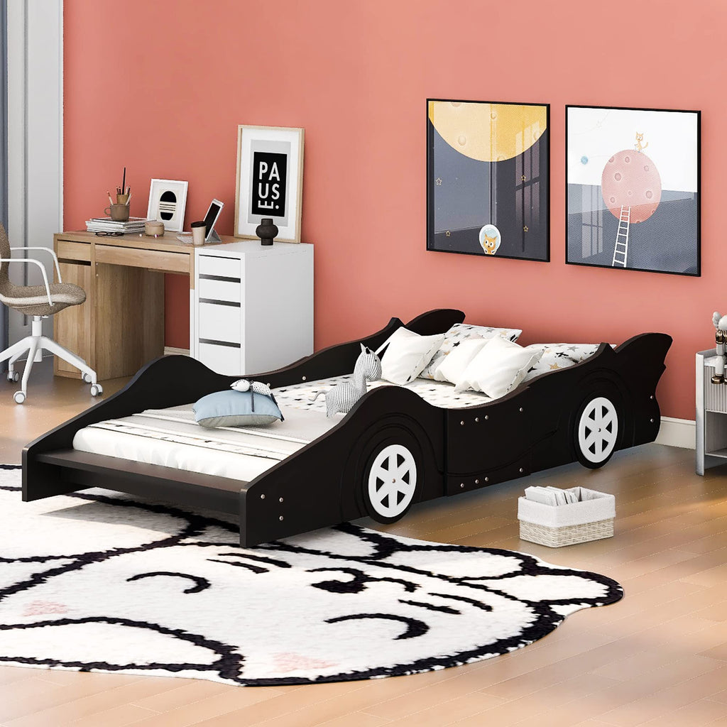 Harper & Bright Designs Twin-Size Plattformbett in Rennwagenform mit Rollen, Holzrahmen mit Stützlatten, Twin-Bodenbett für Kinder Jungen Mädchen Jugendliche, Schwarz