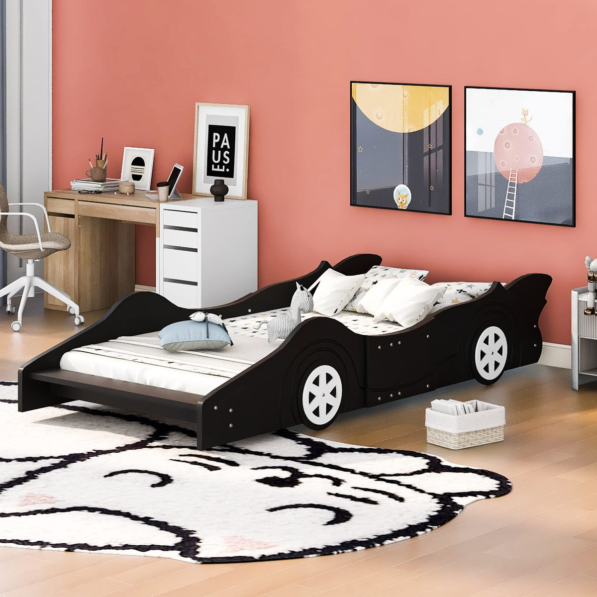 Harper & Bright Designs Twin-Size Plattformbett in Rennwagenform mit Rollen, Holzrahmen mit Stützlatten, Twin-Bodenbett für Kinder Jungen Mädchen Jugendliche, Schwarz