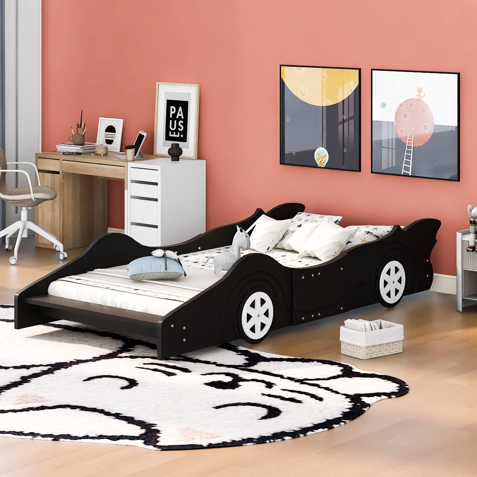 Lit plateforme en forme de voiture de course taille simple Harper & Bright Designs avec roues, cadre de lit plateforme en bois avec lattes de support, lit au sol simple pour enfants garçons filles adolescents, noir