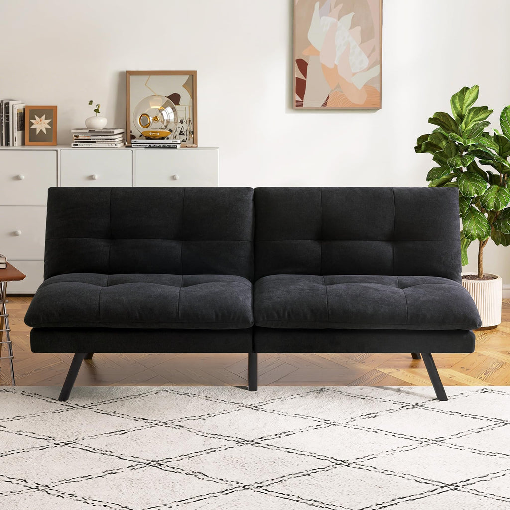 Convertible Faux Leather Futon Sofa Couch,Memory Foam Futon Couch Bed,Loveseat Sleeper Sofa Bed,Small Splitback Modern Folding Sofa Bed for Living Room,Office,Apartment,Matte Black