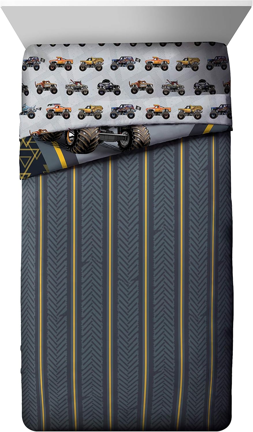 Jay franco Monster Jam MJ Life 4 Piece Twin Bed Set-Includes Reversible Comforter&Sheet Set-Bedding Features Grave Digger, Max-D, Megalodon-Super Soft Microfiber-(Official Monster Jam Product)