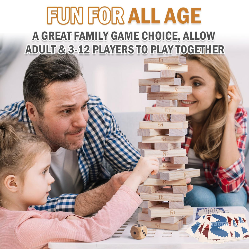 RM ROOMERS Tour Géante Tumble Tower, Jeu de 54 Blocs en Bois à Empiler avec Sac de Transport en Cuir, Dés, Cartes Vérité ou Conséquence, Jeu de Tour Géante pour Famille pour Intérieur Extérieur Jardin Pelouse Fête