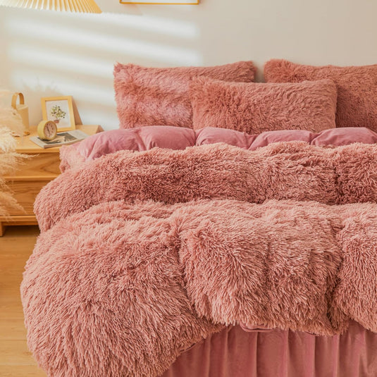 Fluffy Pink Faux Fur Comforter Cover Set，Fluffy Fuzzy Plush Pink Bedding 3Pcs (1 Faux Fur Duvet Cover +2 Fuzzy Pillowcases) Pink Fluffy Bed Set (Pink, Queen)