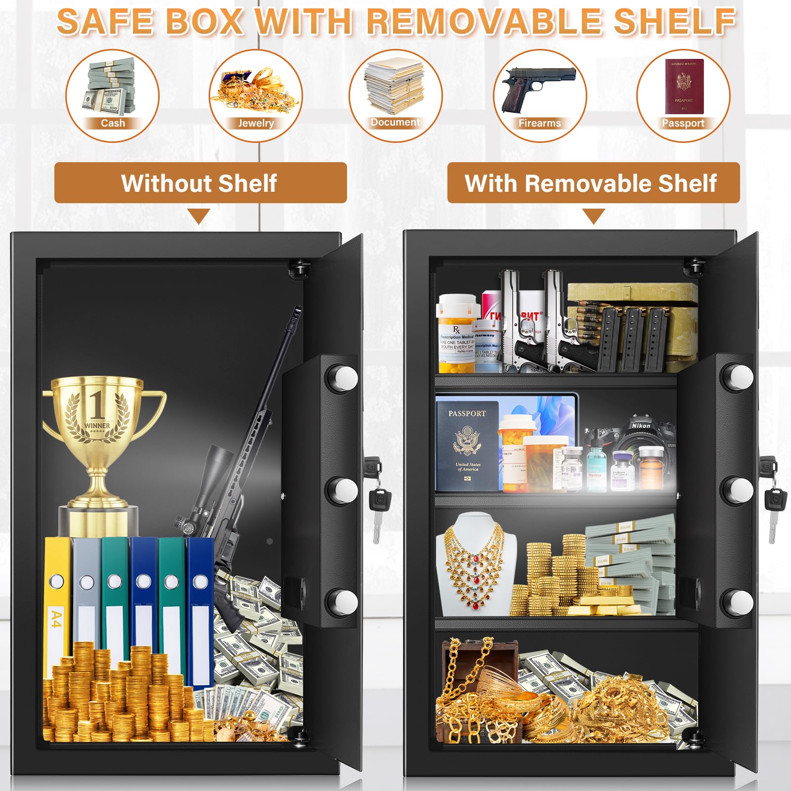 4.0 Kübik Büyük Ev Kasası Yangın Geçirmez Su Geçirmez, Hırsızlığa Karşı Yangın Geçirmez Kasa Programlanabilir Tuş Takımı, Yedek Anahtarlar ve Çıkarılabilir Raf ile, Ev Parası, Ateşli Silahlar, Belgeler ve İlaçlar için Dijital Güvenlik Kasası