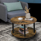 Small Round Coffee Table for Small Space, 23.5" 2-Tier Rustic Brown Wooden Coffee Table with Open Storage for Living Room/Balcony/Office, Metal Legs, Easy to Assemble