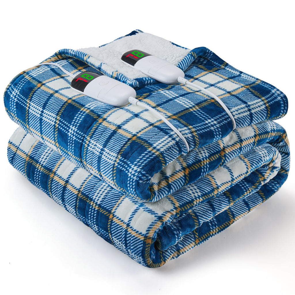 Elektrisch verwarmd deken, 50X60, verwarmingsdeken met 10 verwarmingsniveaus/8 uur automatische uitschakeling, marineblauw geruit Sherpa-dekenverwarmer voor volwassenen, wasbaar deken cadeau voor bank bed kantoor, ETL
