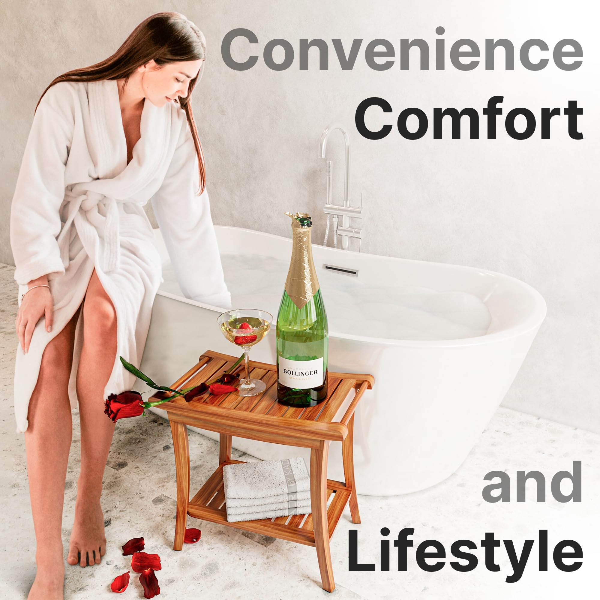 Teak Shower Bench Seat with Handles AB & Co Group, Portable Wooden Shower Bench with Storage Towel Shelf,Waterproof Teak Shower Stool, Spa Bath Shower Chair for Inside Outside Shower