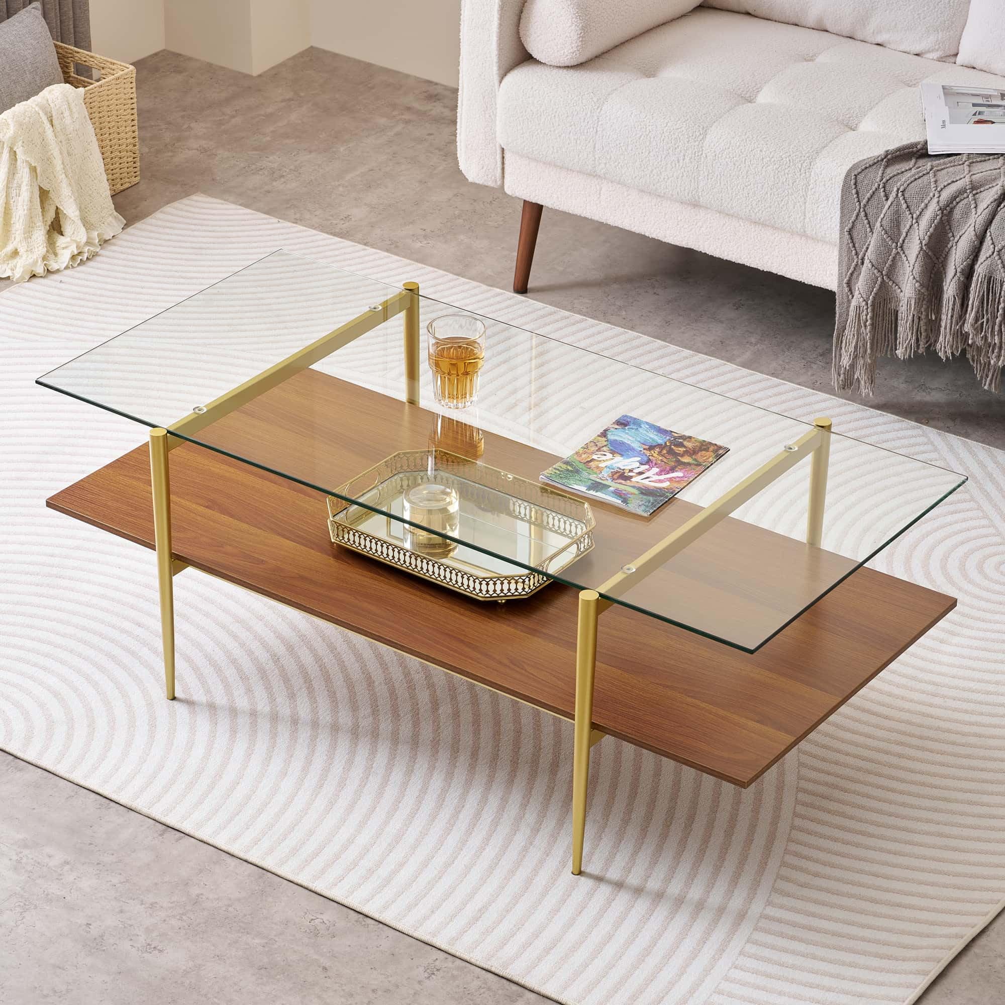 Round Coffee Table, Mid-Century Modern Design, D30 x H17, for Living Room, 2-Tier Structure, Amber Glass Top and Walnut MDF Shelf, Sleek Conical Metal Legs with Gold Finish