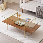 Extra Large Round Coffee Table, Mid-Century Modern Design, D34 x H17 in, for Living Room, 2-Tier Structure, Amber Glass Top and Walnut MDF Shelf, Sleek Conical Metal Legs with Gold Finish