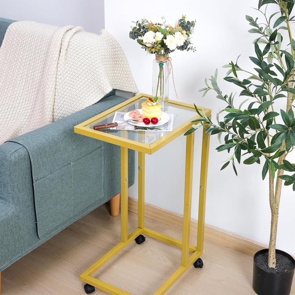 Fixwal C-Shaped End Table Set of 2, Tempered Glass Couch Table Snack Side Table with Metal Frame, TV Tray Table for Living Bedroom Coffee Snack Laptop Sofa Couch and Bed, Gold