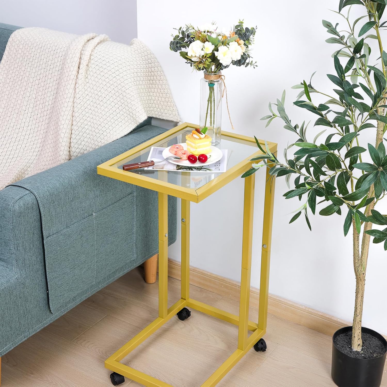 Fixwal C-Shaped End Table Set of 2, Tempered Glass Couch Table Snack Side Table with Metal Frame, TV Tray Table for Living Bedroom Coffee Snack Laptop Sofa Couch and Bed, Gold