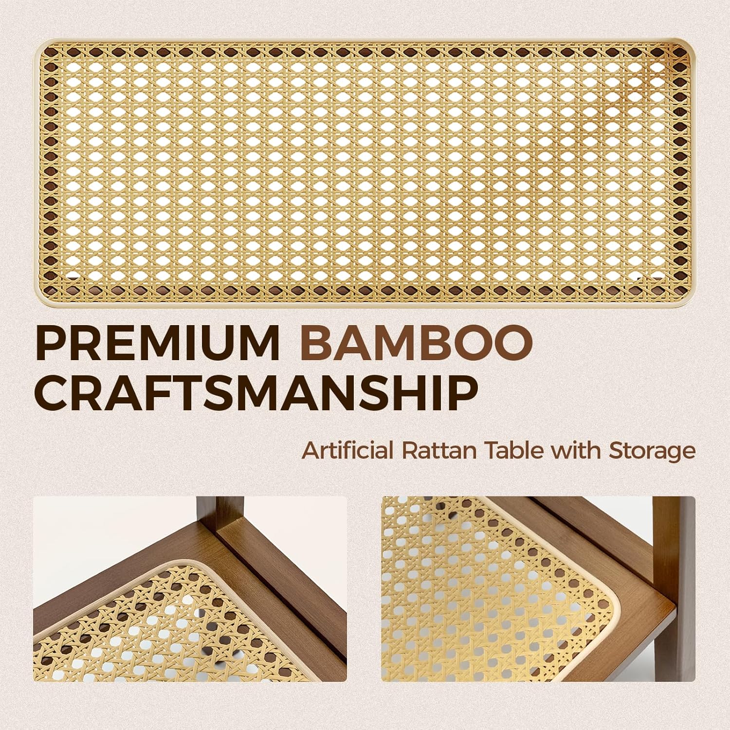 Rattan Side Table Mid Century Modern End Table 3-Tier with Storage Narrow Coffee Table Boho Night Stand Bamboo