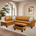 L Shaped Sectional Couches, Modular Sectional Sofa with Ottoman Storage, Nail-Head Design Lounge Sofa with Reversible Cup Holder for Living Room, Bedroom, Gray