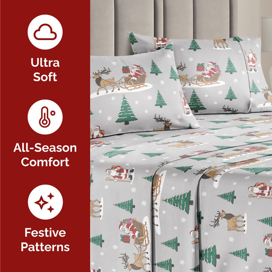 King Christmas Tree Sheet Set - Holiday Xmas Pattern Linen Set - Deep Pockets - Snug Fit - 4 Piece - Wrinkle Free - Comfy & Cooling Festive Winter Bedding - Easy To Care For - Kid Friendly