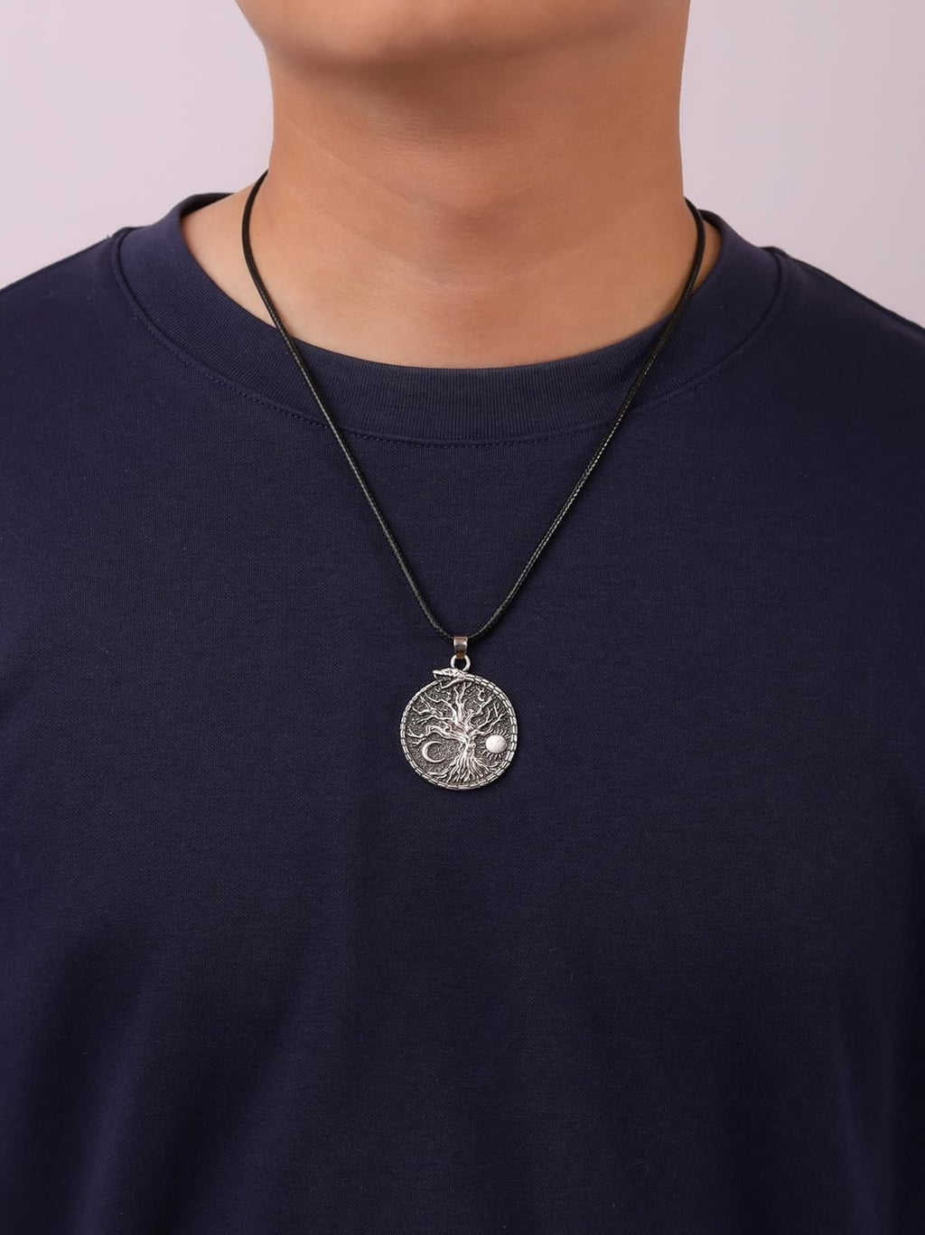 HAQUIL Viking Necklace, Sun Crescent Moon Yggdrasil Ouroboros Jormungandr Midgard Serpent Pendant, Faux Leather Cord, Viking Jewelry Gift