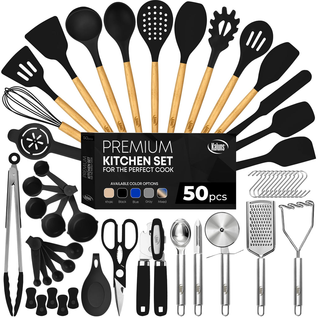 Kaluns 50 PCS Silicone Kitchen Utensils Set - Mothers's Day Gifts For Mom Wife Complete Kitchen Set 800°F Heat Resistant Non-Stick Premium Silicone Cooking Utensils W Wooden Handles Gifts For Mothers