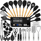 Kaluns 50 PCS Silicone Kitchen Utensils Set - Mothers's Day Gifts For Mom Wife Complete Kitchen Set 800°F Heat Resistant Non-Stick Premium Silicone Cooking Utensils W Wooden Handles Gifts For Mothers