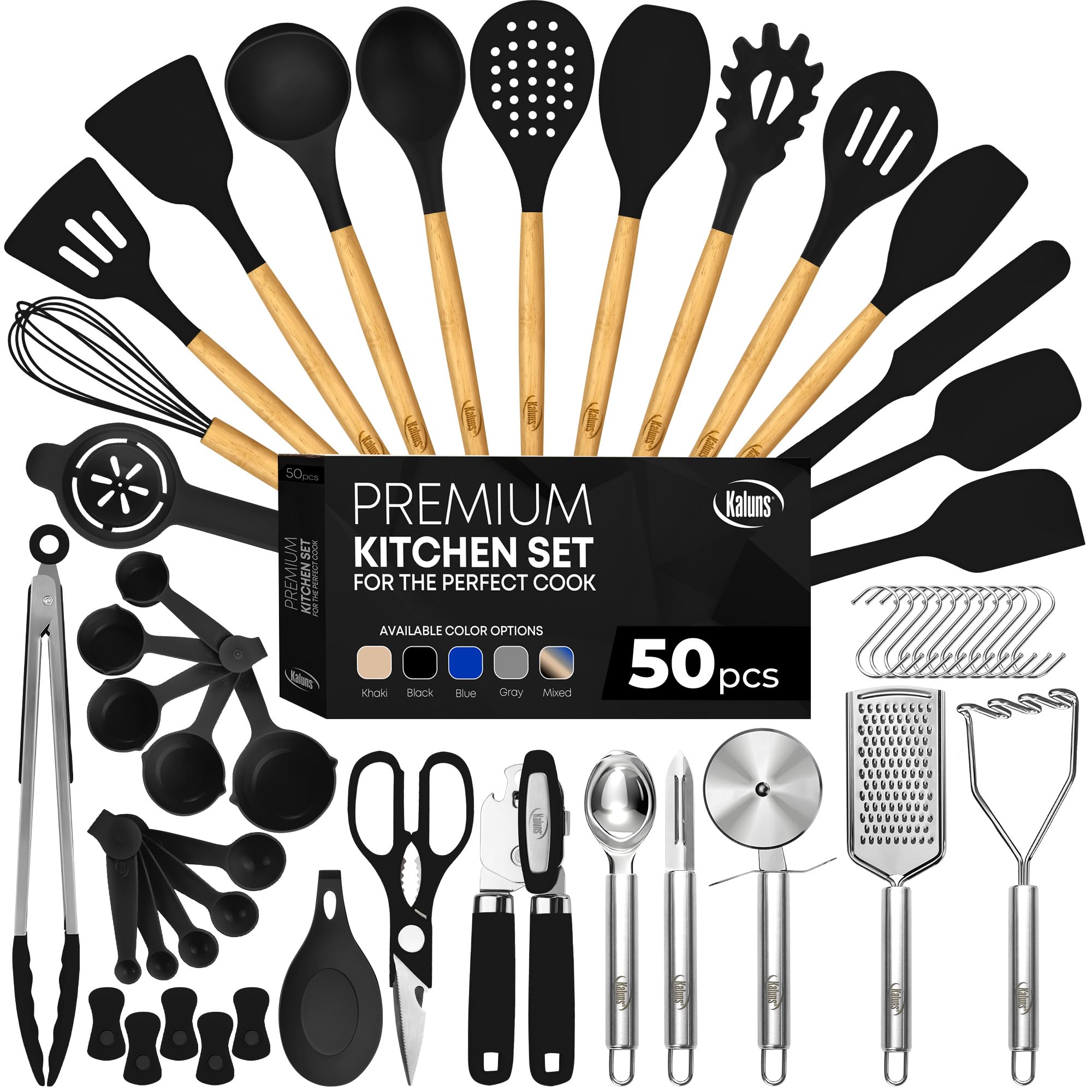 Kaluns 50 PCS Silicone Kitchen Utensils Set - Mothers's Day Gifts For Mom Wife Complete Kitchen Set 800°F Heat Resistant Non-Stick Premium Silicone Cooking Utensils W Wooden Handles Gifts For Mothers