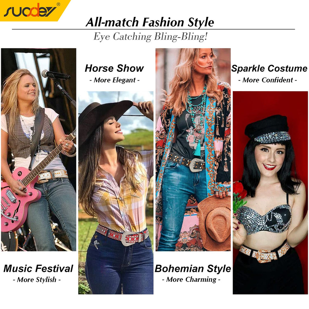 SUOSDEY Rhinestone Belt for Men Women Western Cowboy Cowgirl Bling Studded Leather Belt for Jeans Pants,White,M