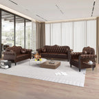 AVZEAR Chesterfield 3-Piece Living Room Sectional Sofa Set, Mid-Century Modern Upholstered PU Couch, Classic Tufted Button Sofa with Nailhead Trim for Living Room, Office (Brown)