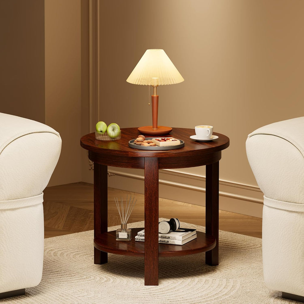 Small Round Wood Coffee Table with Storage Shelf, Living Room Side Table for Couch Sofa, 22 x 20 Inches, 5-Tier Mid Century Modern Wooden End Table for Bedroom, Walnut