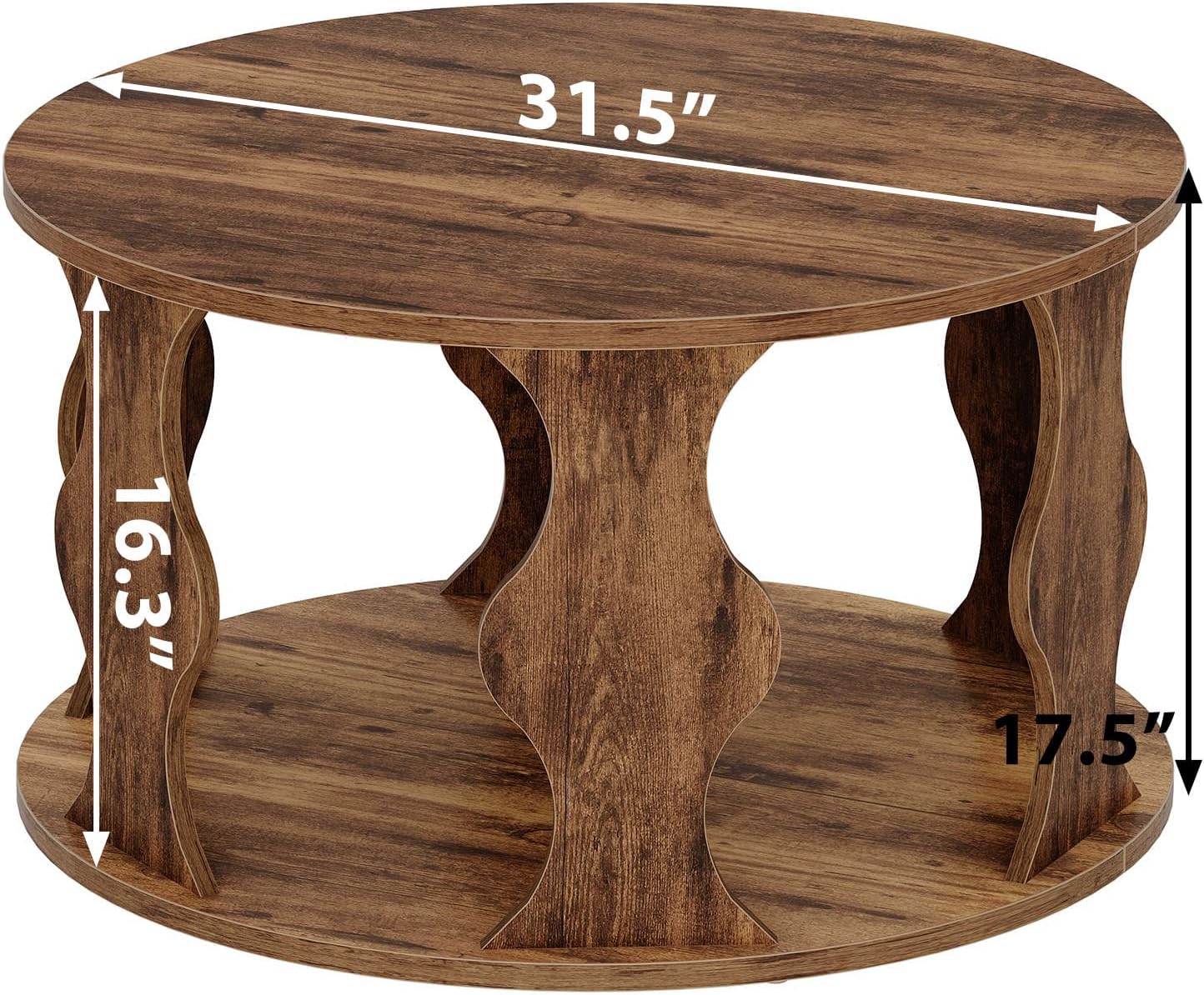 HSH Round Wood Coffee Table, 2 Tier Circle Center Table with Storage, Farmhouse Modern Wooden Living Room Coffee Tea Tables, Unique Vintage Circular Middle Cocktail Table, 31.5 in Rustic Brown