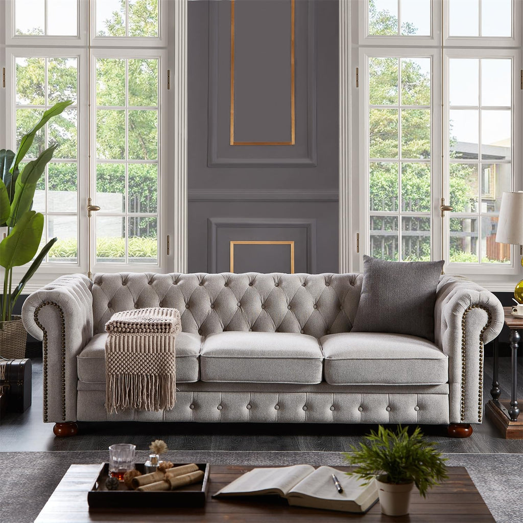 Harper & Bright Designs 3-Seat Chesterfield Sofa with Button Tufted, Nailhead Trim and Solid Wood Legs, Classical Linen Fabric Couch for Living Room, Office, Light Grey