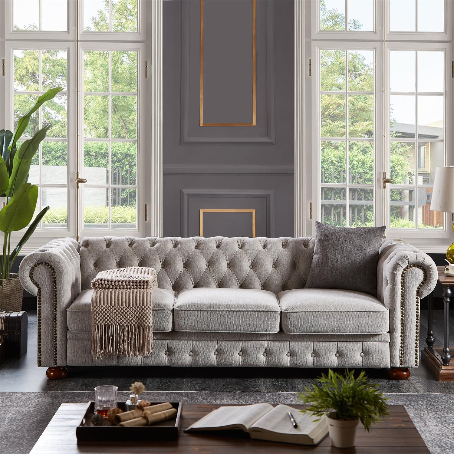 Harper & Bright Designs 3-Seat Chesterfield Sofa with Button Tufted, Nailhead Trim and Solid Wood Legs, Classical Linen Fabric Couch for Living Room, Office, Light Grey