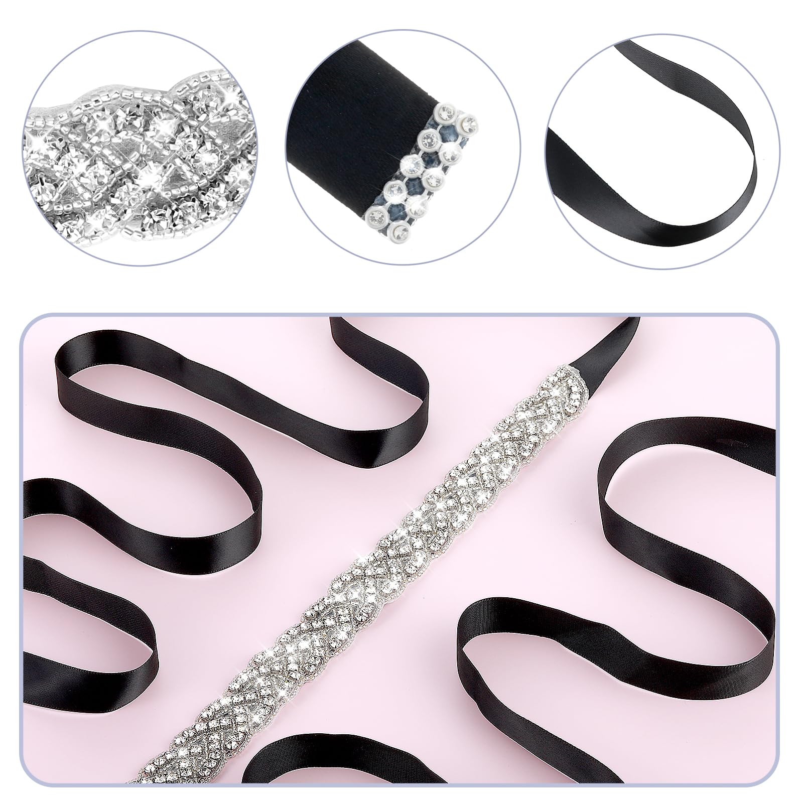 Amaxiu Handcrafted Bridal Rhinestone Wedding Belt for Women, Bling Crystal Belts Glitter Ribbon Women lightly Belt for Jeans Dress Shiny Party Waist Belt (Black)