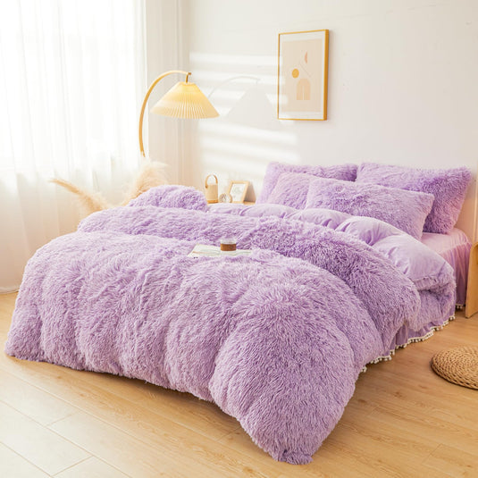 Fluffy Pink Faux Fur Comforter Cover Set，Fluffy Fuzzy Plush Pink Bedding 3Pcs (1 Faux Fur Duvet Cover +2 Fuzzy Pillowcases) Pink Fluffy Bed Set (Pink, Queen)