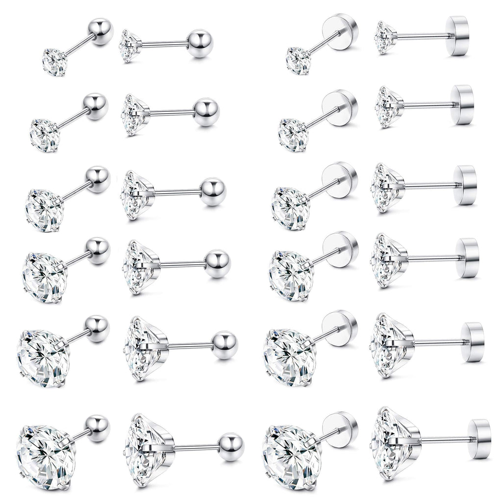 ORAZIO 6Pairs Hypoallergenic Flat Back Earrings 316L Stainless Steel Studs for Sensitive Ears, 3-8mm Cubic Zirconia, Stylish Jewelry for Women Men - Silver