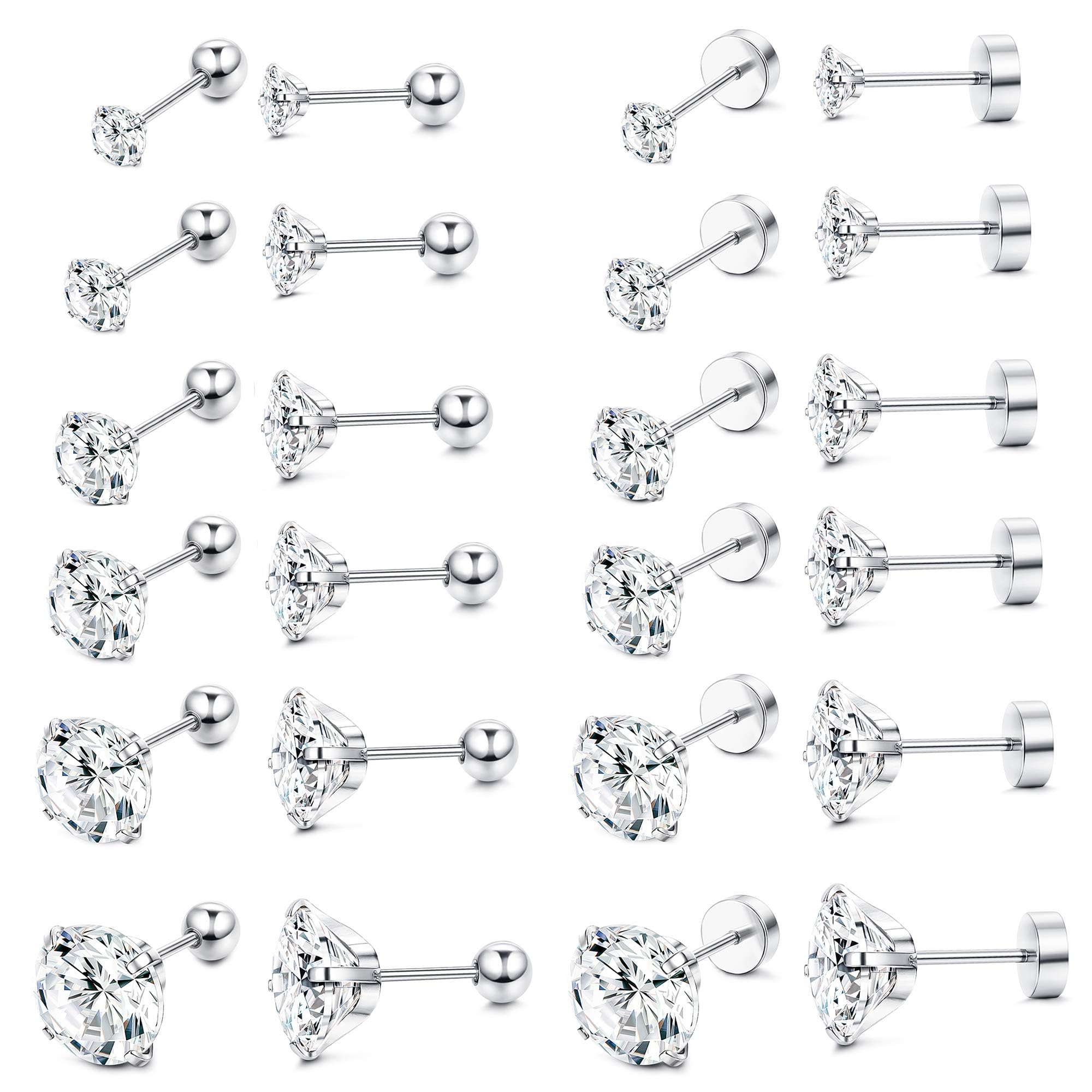 ORAZIO 6Pairs Hypoallergenic Flat Back Earrings 316L Stainless Steel Studs for Sensitive Ears, 3-8mm Cubic Zirconia, Stylish Jewelry for Women Men - Silver