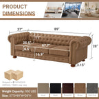 Chesterfield Leather Sofa, 89" Mid Century Modern Couch with Low Back, Roll Arm Nailhead Trim Classic 3 Seater Couch for Living Room, Office, Apartment, Faux Leather Brown