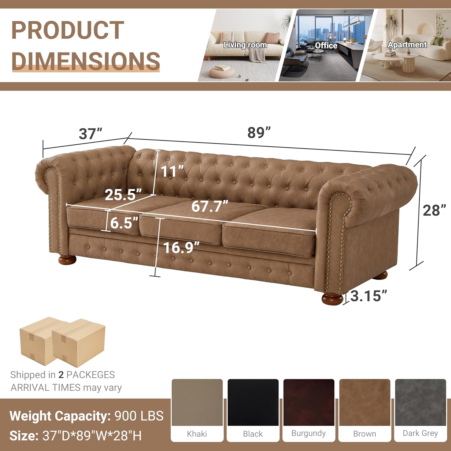 Chesterfield Leather Sofa, 89" Mid Century Modern Couch with Low Back, Roll Arm Nailhead Trim Classic 3 Seater Couch for Living Room, Office, Apartment, Faux Leather Brown