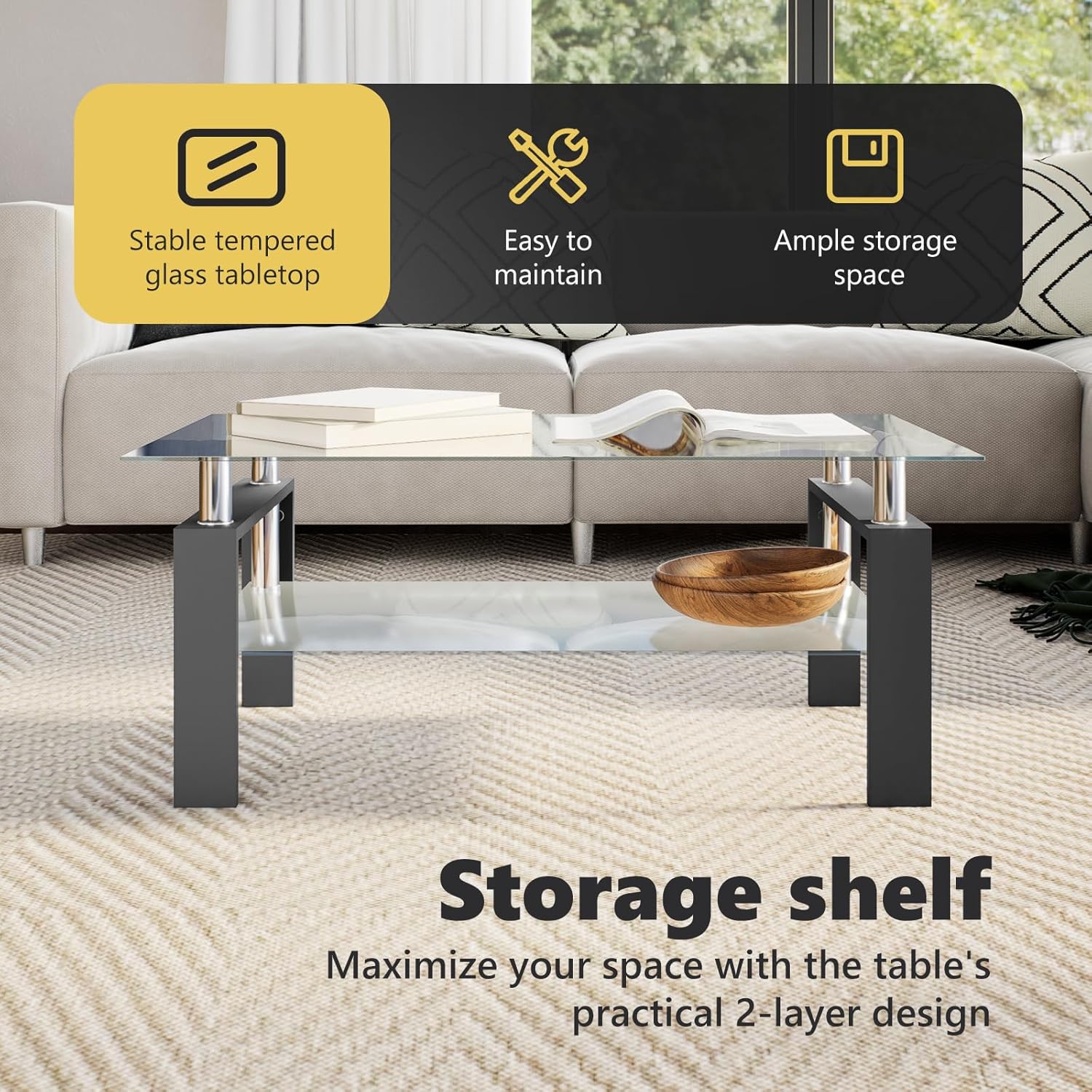 vidaXL Coffee Table with Black Melamine Frame and Tempered Glass Top, Side Table for Living Room, 37.4''x21.7''x15.7'', Black and Transparent