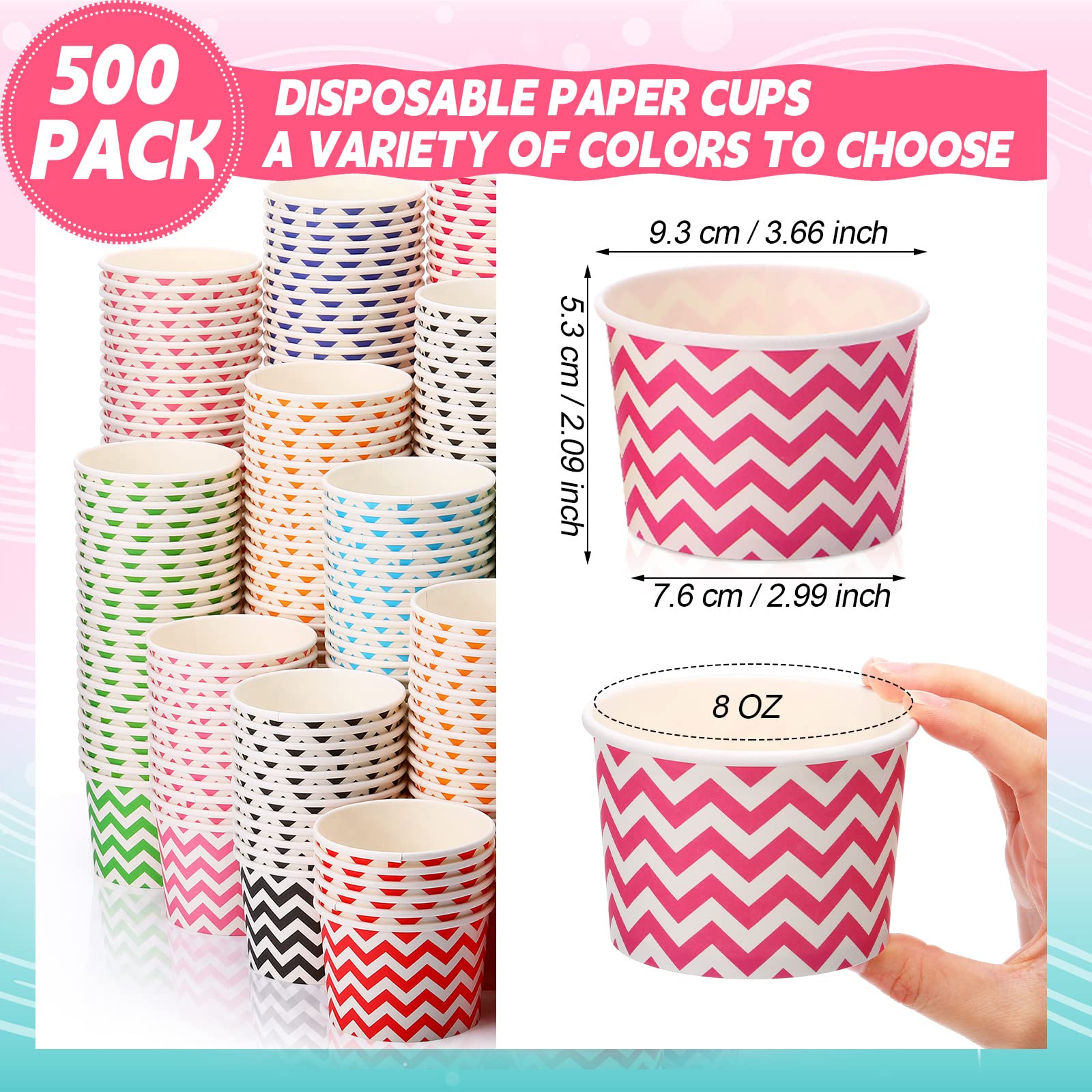 500 Pack Paper Ice Cream Cups 8 oz Ice Cream Sundae Cups Bulk Disposable Dessert Bowls Treat Snack Cups Frozen Yogurt Cup for Hot or Cold Food Soup Fruits Birthday Bar Party Supplies, 10 Colors
