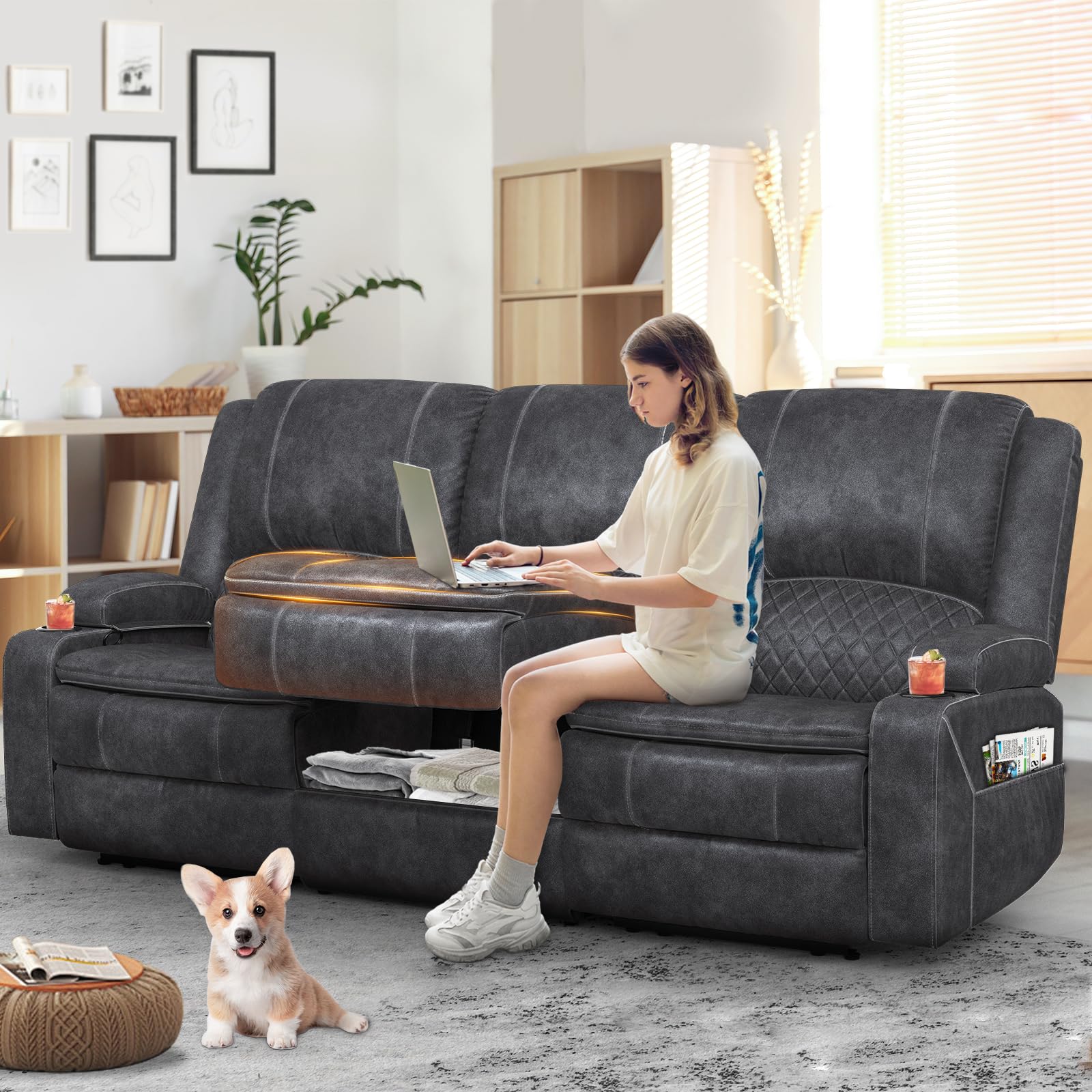 3 Seater Recliner Sofa Set with 2-Tier Cushion, 3+1 Pieces in Living Room, 3 Seater Reclining Couch Leather with Removable Console, 1 Oversize Recliner Chair Sofa Seat