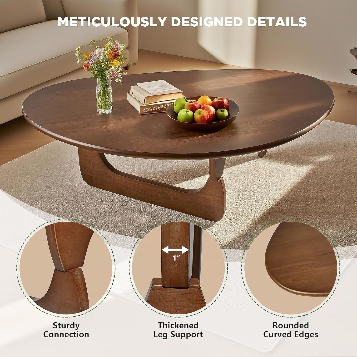 Modern Triangle Coffee Table: Unique Funky Soild Wood Coffee Tables for Living Room, Wooden Oval Mid-Century Modern Abstract Tea Tables for Patio Office Balcony Walnut 35" L x 24" W x 16" H