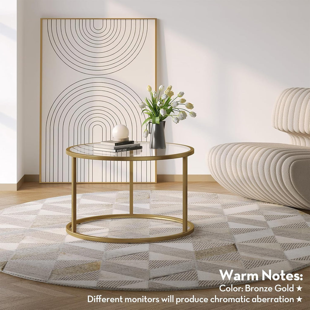 SAYGOER Small Glass Coffee Table Round Gold Coffee Table for Small Space Modern Simple Center Table with Gold Frame for Living Room Home Office, Easy Assembly