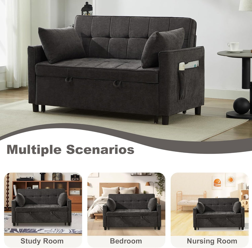 Tbfit 57" Convertible Sofa Bed, Chenille Futon Sleeper Sofa Couch with Pullout Bed, USB & Adjustable Backrest, Queen Size Pull Out Loveseat Couches for Living Room, Apartment, Office, Dorm, Dark Grey