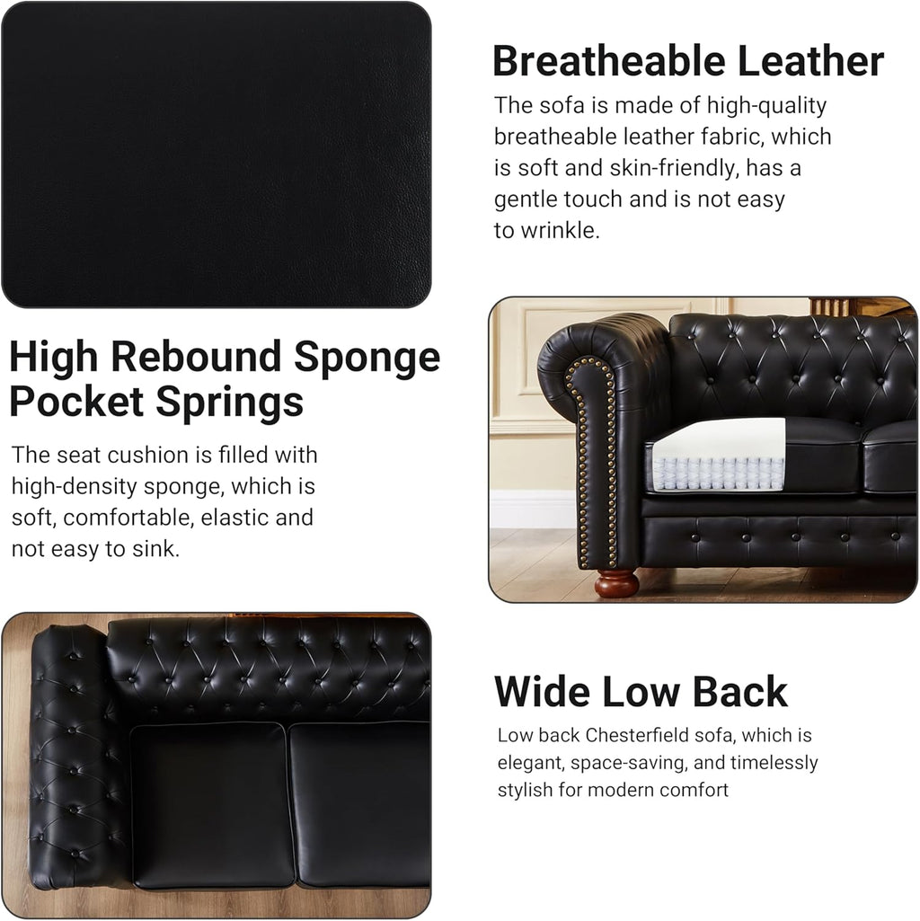 Chesterfield Leather Sofa, 89" Mid Century Modern Couch with Low Back, Roll Arm Nailhead Trim Classic 3 Seater Couch for Living Room, Office, Apartment, PU Black
