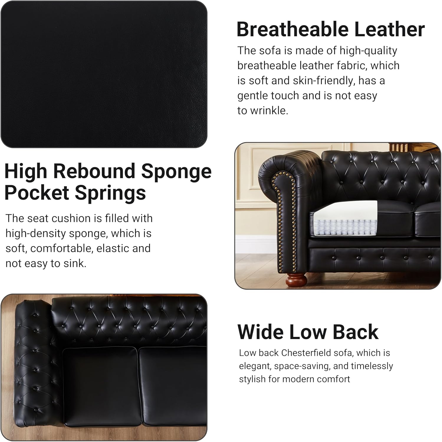 Chesterfield Leather Sofa, 89" Mid Century Modern Couch with Low Back, Roll Arm Nailhead Trim Classic 3 Seater Couch for Living Room, Office, Apartment, PU Black