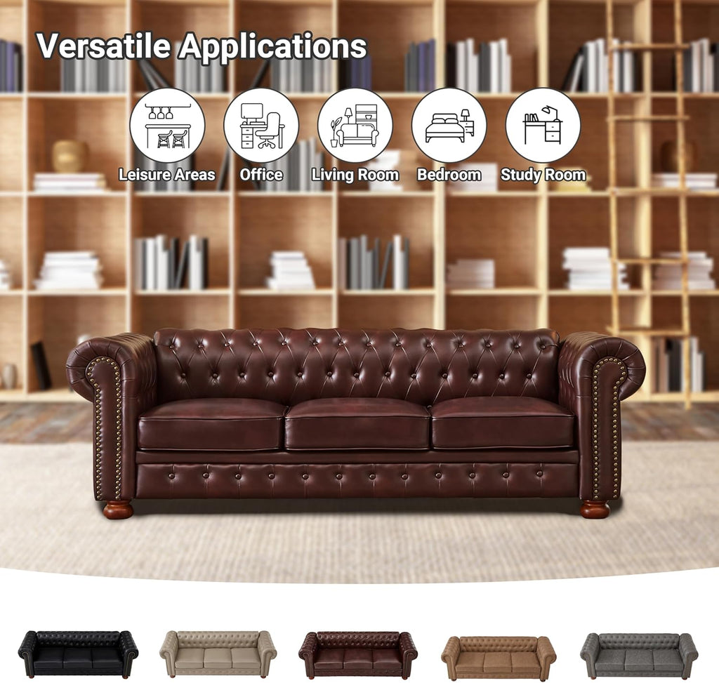 Chesterfield Leather Sofa, 89" Mid Century Modern Couch with Low Back, Roll Arm Nailhead Trim Classic 3 Seater Couch for Living Room, Office, Apartment, PU Burgundy