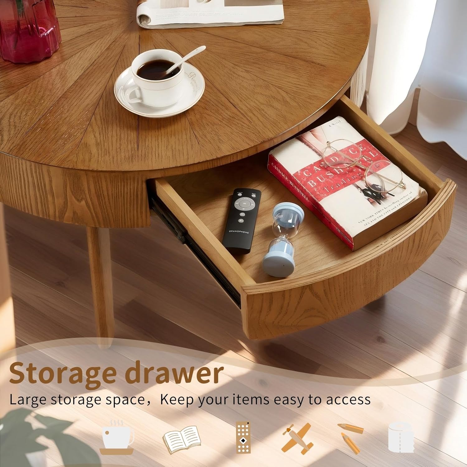 Round Wood Coffee Table for Living Room, Modern Farmhouse Table with Drawer, Wooden Circle Coffee Table, 29.14" L x 29.14" W x 15.87" H