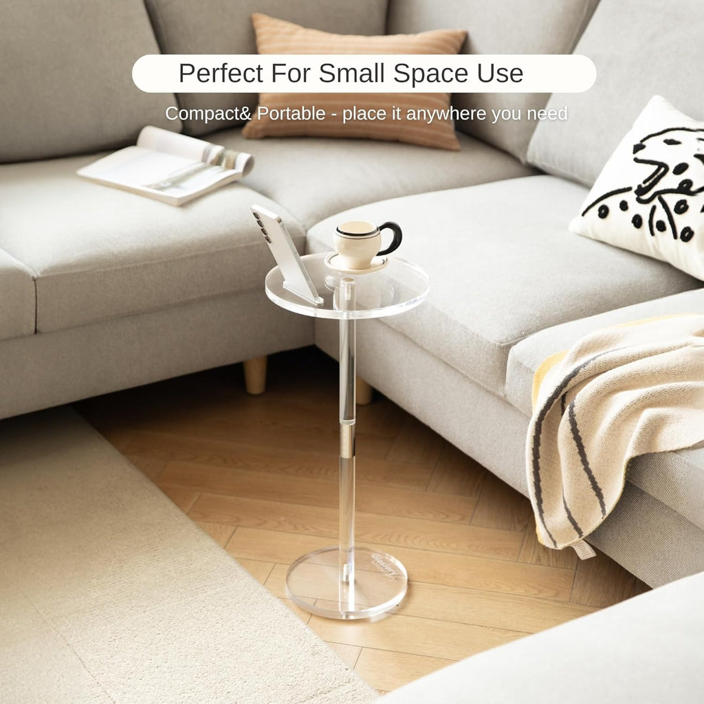 Acrylic Drink Table, Small Round Side Table for Small Space, Pedestal End Tables with Phone Holder, Multi-Use Modern Accent Tables, Martini/Cocktail Table for Living Room 10"X21" Easy Assembly