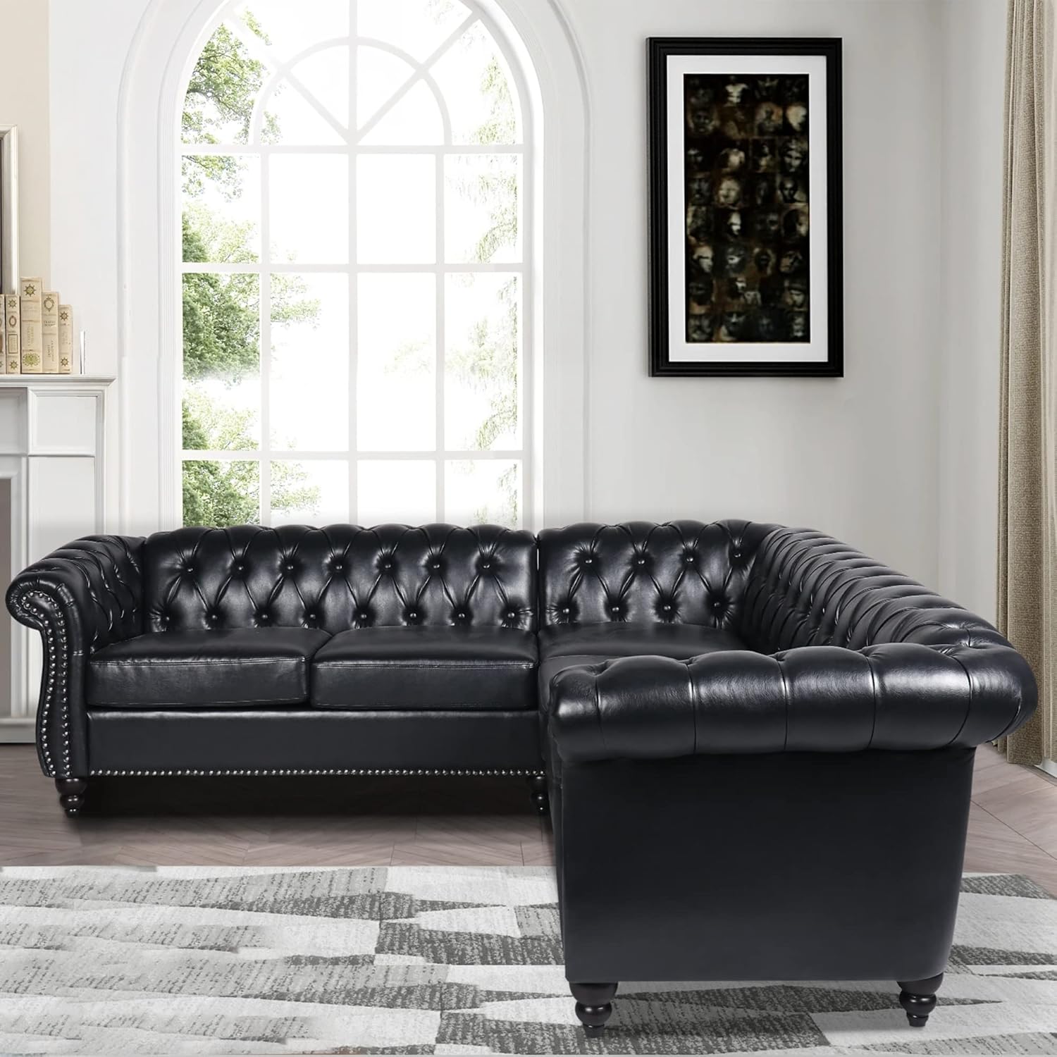 L Shaped Small Sectional Sofa, Chesterfield Leather Couch Tufted Accent Sofa with Scroll Arms and Nailhead for Living Room, Office