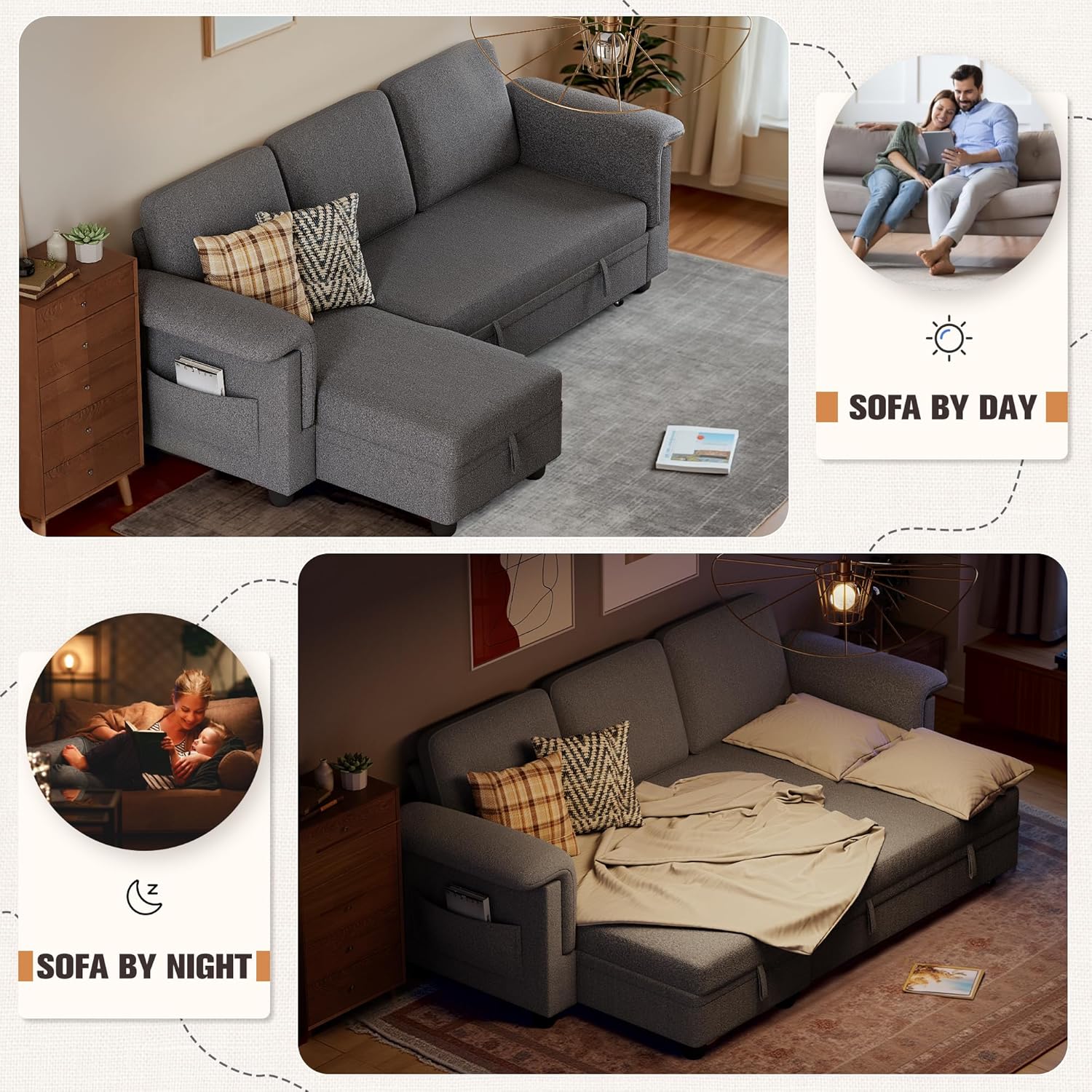 Homall Sleeper Sofa, Pull Out Sofa Couch Bed with Storage Reversible Chaise, L-Shaped Sofas with Side Pocket for Living Room, Small Space (Linen Fabric, Dark Grey)