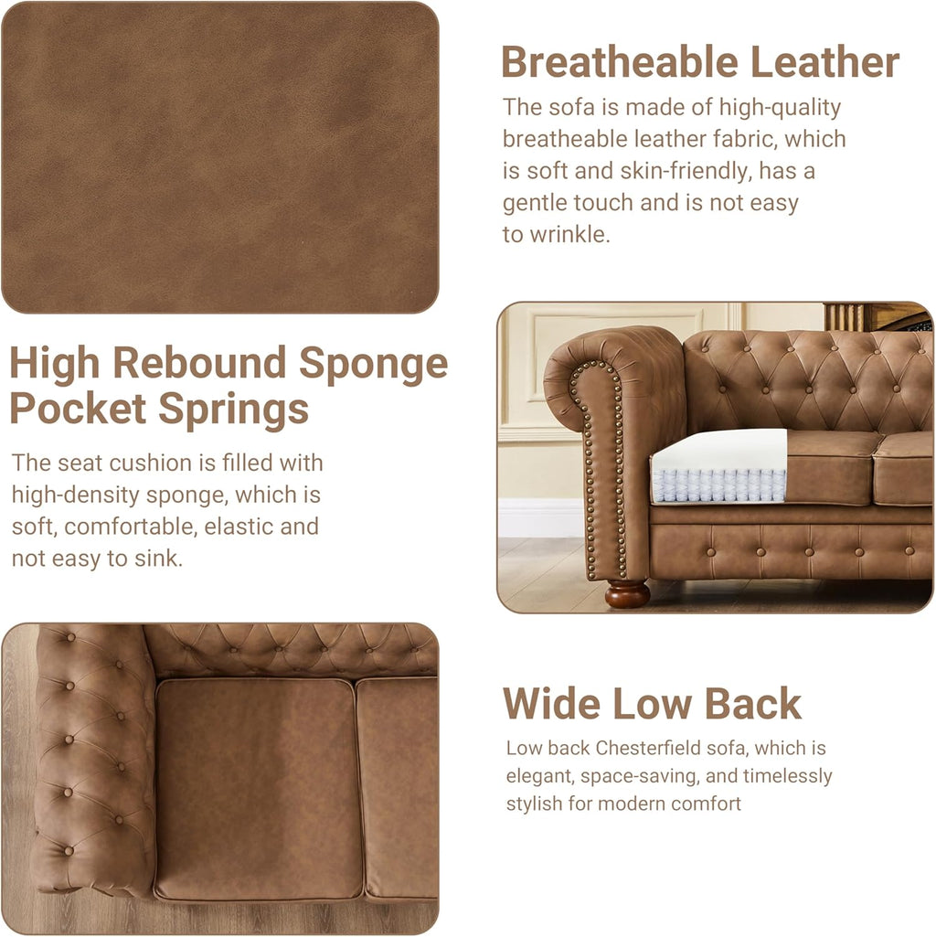 Chesterfield Leather Sofa, 89" Mid Century Modern Couch with Low Back, Roll Arm Nailhead Trim Classic 3 Seater Couch for Living Room, Office, Apartment, Faux Leather Brown