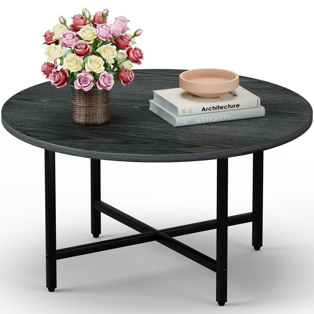 Round Coffee Table, Small Coffee Tables for Living Room, Wood Coffee Table with Metal Frame, Floor Table Desk for Sitting on The Floor, Home, Office, Farmhouse, Rustic Brown (23.6"D x 17.7"H)